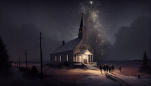 Lonely Church At Night Illuminated By The Stars With People Walking Towards It,  AI Generated 