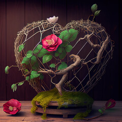 Wall Mural - Generative AI: wire heart with roses on branches inside on the table