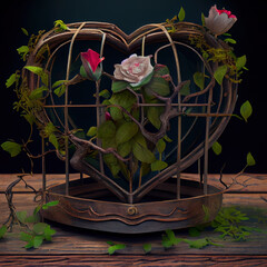 Wall Mural - Generative AI: wire heart with roses on branches inside on the table