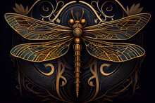 Generative AI: Vector Golden Dragonfly Stripes On Black Background