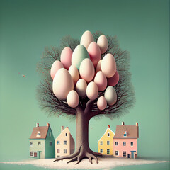 Wall Mural - Generative AI: easter eggs in trees with houses in pastel background