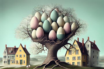 Wall Mural - Generative AI: easter eggs in trees with houses in pastel background