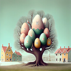 Wall Mural - Generative AI: easter eggs in trees with houses in pastel background