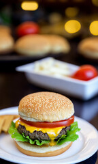 Wall Mural - Delicious Beef Cheese Burger consists of Bun Bread, Patty, Pickle, Onion, Mayonaisse, Ketchup, Cheddar Cheese and lettuce in Modern Fast Food Restaurant Menu, Created with generative ai