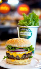 Wall Mural - Delicious Beef Cheese Burger consists of Bun Bread, Patty, Pickle, Onion, Mayonaisse, Ketchup, Cheddar Cheese and lettuce in Modern Fast Food Restaurant Menu, Created with generative ai