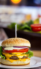 Wall Mural - Delicious Beef Cheese Burger consists of Bun Bread, Patty, Pickle, Onion, Mayonaisse, Ketchup, Cheddar Cheese and lettuce in Modern Fast Food Restaurant Menu, Created with generative ai