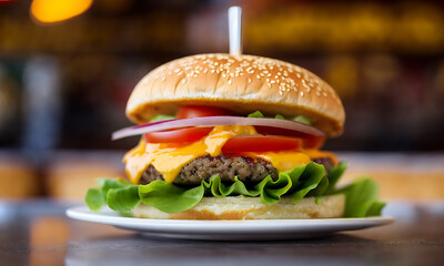 Wall Mural - Delicious Beef Cheese Burger consists of Bun Bread, Patty, Pickle, Onion, Mayonaisse, Ketchup, Cheddar Cheese and lettuce in Modern Fast Food Restaurant Menu, Created with generative ai