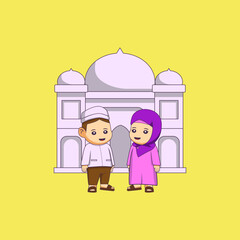 cute cartoons of moslem boy and girl characters with mosque backgrounds