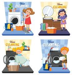 Canvas Print - Children doing housework characters set