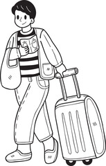 Canvas Print - Hand Drawn Male tourist holding passport and suitcase illustration in doodle style