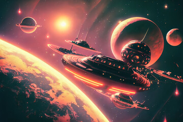 Wall Mural - futuristic planet background and spaceships 3d illustration. Generative AI