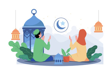 Wall Mural - Muslim couple praying on the night of Ramadan