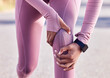 © Gugu M/peopleimages.com - Knee pain, hands and fitness injury on road or street outdoors after accident. Sports, training athlete and black woman with leg inflammation, fibromyalgia or broken bones after exercise or workout