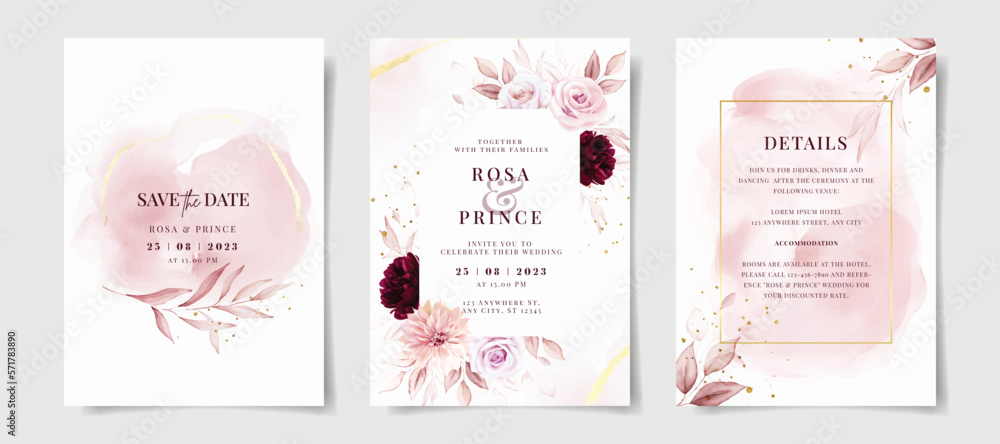 Set of watercolor wedding invitation card template with pink and ...