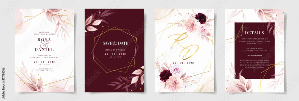 Set of watercolor wedding invitation card template with pink and ...