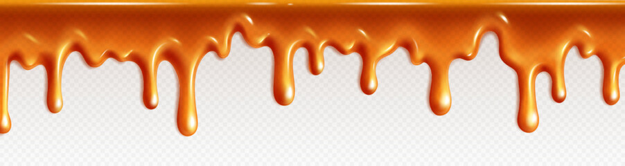 realistic isolated caramel dripping cream. vector melt candy syrup pattern. liquid toffee flow illus