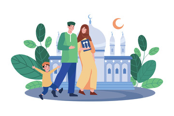 Wall Mural - Muslim families going to the mosque