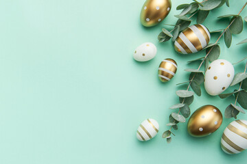 easter eggs painted in gold and eucalyptus branches on a soft green background.