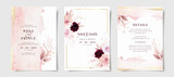 Fototapeta Boho - Set of watercolor wedding invitation card template with pink and burgundy floral and leaves decoration