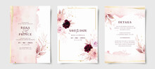 Set Of Watercolor Wedding Invitation Card Template With Pink And Burgundy Floral And Leaves Decoration