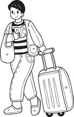 Canvas Print - Hand Drawn Male tourist holding passport and suitcase illustration in doodle style