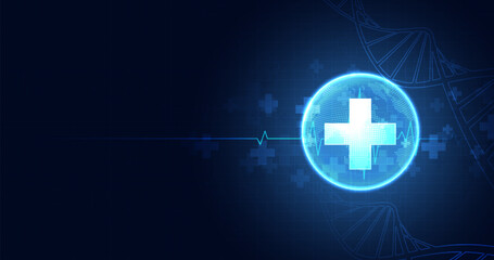 Healthcare medical science healthcare icon digital technology world concept modern business innovation, treatment, medicine. abstract about hi tech future blue background and medical research. vector.