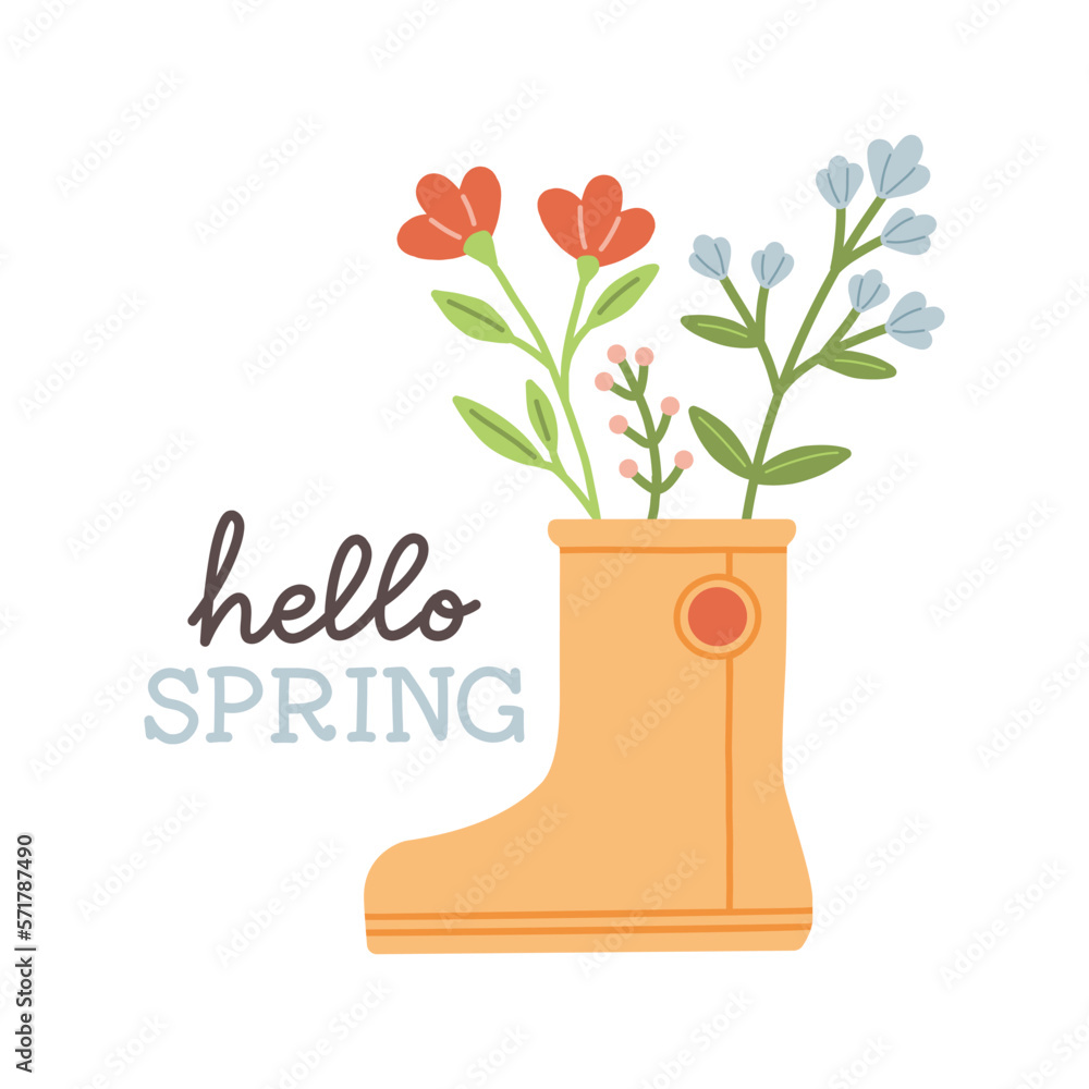 Hello spring. Cute rain boots with flowers plants. Hand drawn spring ...