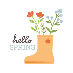Wall Mural - Hello spring. Cute rain boots with flowers plants. Hand drawn spring print, card, poster. Hand written text, lettering 