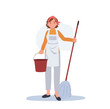 Professional Cleaner. Lady working as housekeeper with mop and bucket. Flat vector illustration