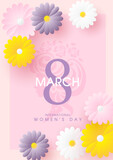 Fototapeta Paryż - Colorful flowers with number 8 and wording of Women's day event on women drawing shape and pink background. Card and poster of International Women's Day in vector design.