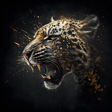 A Portrait Of A Roaring Tiger On A Black Background