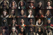 © July P - Collage collection of 24 faces of people of different nationalities in traditional costumes. Asians, Arabs, Caucasians, Africans and other nationalities. Photorealistic illustration generative AI.