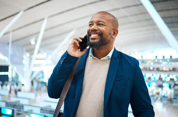 Canvas Print - Black man, airport and business call with a smile ready for plane travel and global work. Mobile connection, happiness and businessman with luggage for plane and executive networking on cellphone