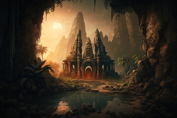 Wall Mural - Temple ruins in fantasy mountains, old stone building in jungle, generative AI.