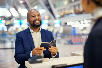 Wall Mural - Black man, passport and airport desk for travel, security and identity for global transportation service. African businessman, documents and concierge for consultation on international transportation