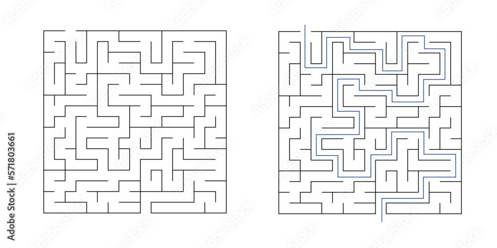 Labyrinth maze game vector illustration with solution. Find right way ...