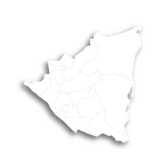  Nicaragua political map of administrative divisions - departments and autonomous regions. Flat white blank map with thin black outline and dropped shadow.