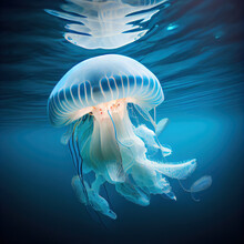 Blue And White Jellyfish In The Dark Ocean. Ai Generated