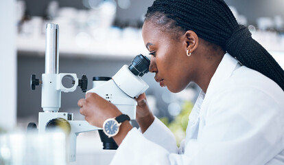 Canvas Print - Black woman, medical science and microscope in laboratory for research, analytics and medicine. Woman, doctor and scientist study at work for an investigation, healthcare and futuristic or innovation