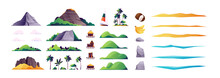 Beach Island Elements. Tropical Landscape Constructor With Mountains Hills Palm Trees Stones, Nature Environment And Recreation Concept. Vector Set. Land, Sand With Sea Or Ocean Water