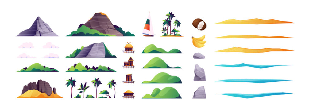 beach island elements. tropical landscape constructor with mountains hills palm trees stones, nature