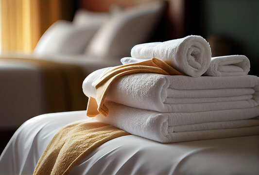 fresh towels on bed in hotel room created with ai