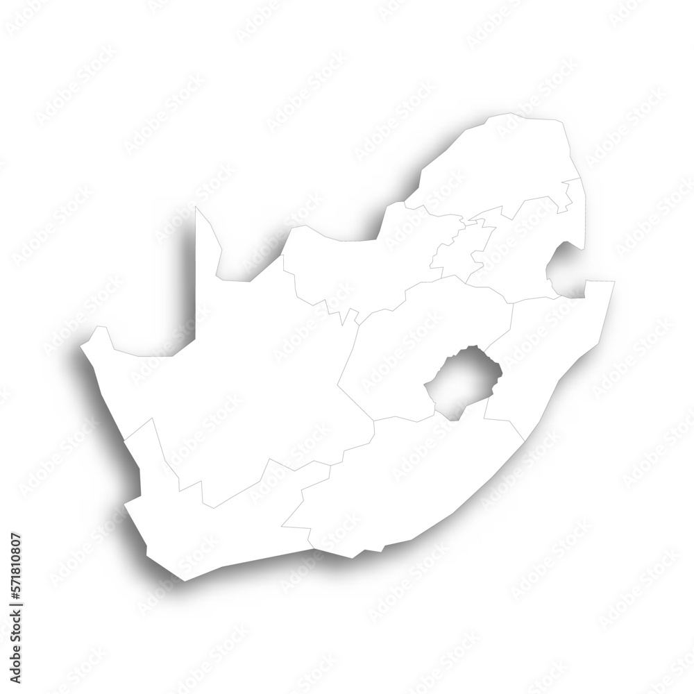 South Africa political map of administrative divisions - provinces. Flat white blank map with thin black outline and dropped shadow.