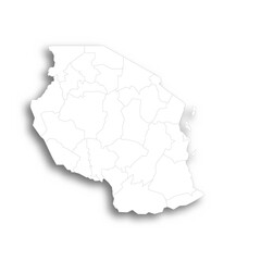  Tanzania political map of administrative divisions - regions. Flat white blank map with thin black outline and dropped shadow.