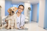Fototapeta Zwierzęta - Medicine concept, veterinarian doctor and dog in vet clinic