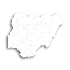  Nigeria political map of administrative divisions - states and federal capital territory. Flat white blank map with thin black outline and dropped shadow.
