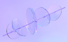 Abstract Glass Geometric Composition With Flying Transparent Round Disks, Tube On Purple Background 3d Render. Iridescent Crystal Shapes, Isolated Futuristic Sculpture In Motion