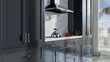 © Bahrija - Shaker cabinet doors of dark gray kitchen, kitchens design with marble counter, tall pantry cabinets and chrome metal door handles