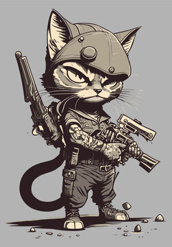 Fototapete - Funny cat with serious face holding gun in paws