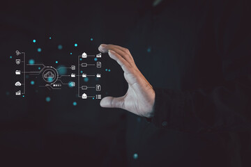 Cyber security network. Data protection concept. Businessman using laptop computer with digital padlock on internet technology networking with cloud computing and data management, cybersecurity
